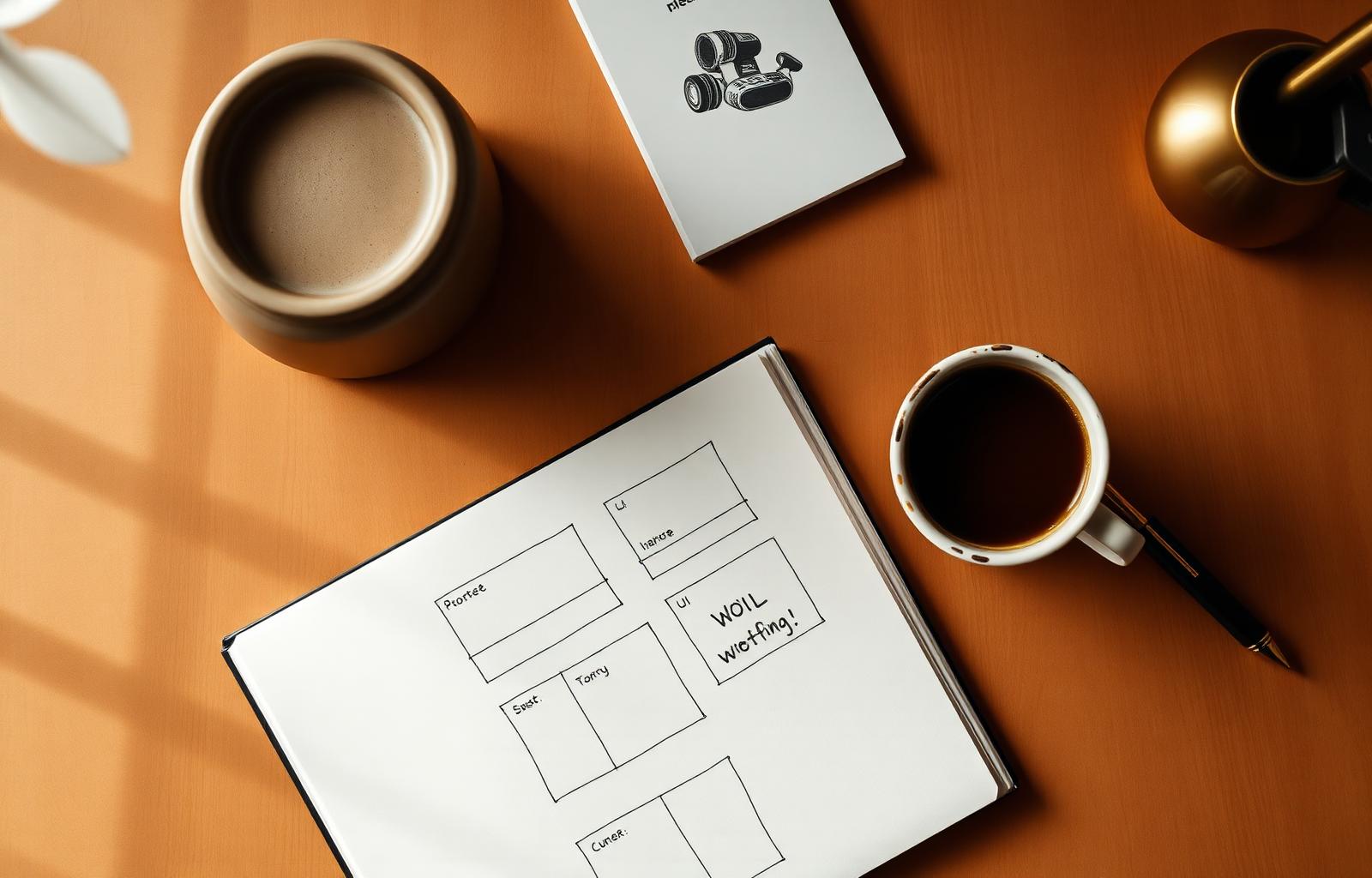 Designer's notebook with hand-drawn wireframes
