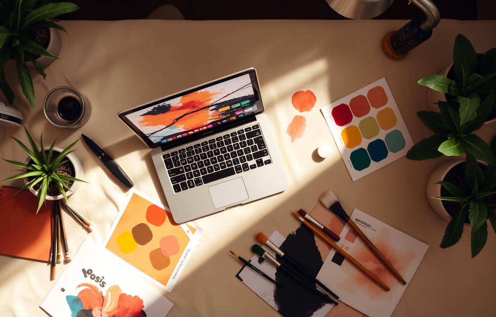 Creative workspace with color swatches and paint